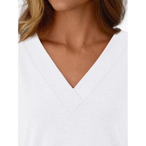 Camiseta de Manga Larga con Cuello en V para Mujer, Color Sólido, Corte Holgado, 100% Algodón, Tejido Jersey Informal, Transpirable, para Todas las Temporadas - Product Image 5