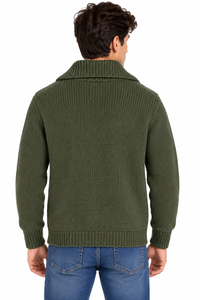Pull tricoté pour homme Livster vert olive à demi-zip avec bordure contrastante beige, manches longues, chaud pour l'hiver, tricot côtelé de haute qualité - Product Image 3
