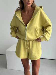 Ladies Solid Zip up Crop <b>Jacket</b> Drawstring Shorts Matching Set Loose Fit Soft Breathable for Wear Casual Sports Outfit - Product Image 3
