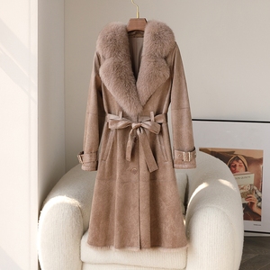Parka longue tendance en cuir véritable écologique avec col en fourrure de renard et ceinture, manteau d'hiver pour femme de haute qualité - Product Image 2