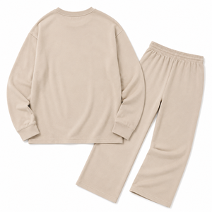 Ensemble de survêtement pour femme en molleton de coton, sweat-shirt à col rond, pantalon large avec poche poitrine, logo personnalisé, vêtements de détente, vente en gros, fournisseur OEM - Product Image 4