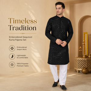 Premium <b>Men's</b> Sequined Embroidered <b>Kurta</b> Pajama Set | 100% Rayon Mandarin Collar Long Sleeve Indian Ethnic Traditional Festive - Product Image 2