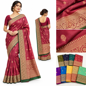 Sari en Soie Pure Tissé Jacquard Traditionnel, Design Ethnique Élégant, Tissu Doux et Léger, Idéal pour les Fêtes et les Occasions Spéciales, pour Filles - Product Image 1