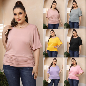 เสื้อยืดผู้หญิงไซส์ใหญ่ สีดำ แขนสั้น คอกว้าง แต่งระบาย ทรงหลวม สวมใส่สบาย สีพื้น ผ้าถักโพลีเอสเตอร์ - Product Image 6