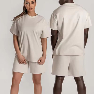 Ensemble T-shirt et short en coton surdimensionné pour homme, manches courtes, col rond, deux pièces, tenue décontractée de sport - Product Image 1