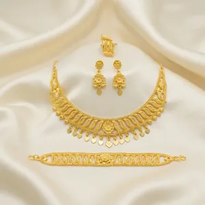 Luxury Brass 24K Gold Plated Traditional Flower Design Necklace Set Bracelet Earrings Ring Women | African Bridal Wedding Set - Product Image 3