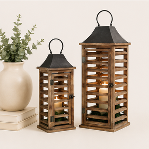 Ensemble de 2 lanternes en bois de style farmhouse moderne, lanternes rustiques en bois de sapin vieilli, porte-bougies décoratifs avec dessus en métal - Product Image 1