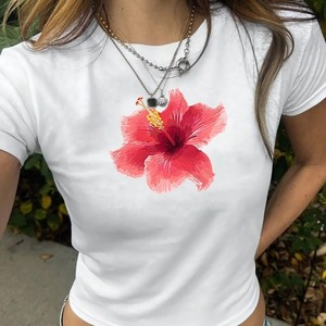 Camiseta Corta de Verano para Mujer al por Mayor, Estilo Y2K, con Logotipo Personalizado Bordado, Tejido Calado, Estampado de Flores y Texto Lindo - Product Image 2