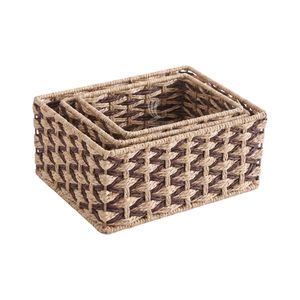 Two-Tone Woven Paper Rope <b>Storage</b> <b>Baskets</b> Set of 3, <b>Rectangular</b> Nesting Vanity & Shelf Organizer Bins with Wire Frame - Product Image 3