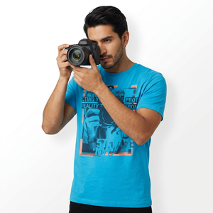 Men's Blue Short Sleeve T-Shirt With <b>Camera</b> <b>Print</b> Pattern Casual O-Neck Jersey Regular Fit 100% Cotton Breathable Design - Product Image 2