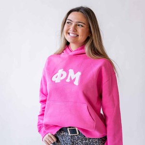 Delta | Phi Embroidered Hoodie <b>Pink</b> Fleece Unisex Casual Tackle Twill <b>Sweatshirt</b> Front Logo Oversized Fit Autumn Wear - Product Image 1