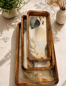 Single Wooden Rectangle <b>Storage</b> <b>Trays</b> with Leaf Design Polished Finish Kitchen Dishwasher Safe for Table Use - Product Image 5