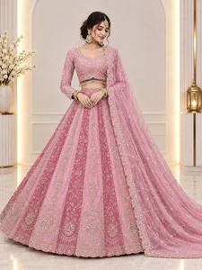 Pryosha Enterprise – Lehenga Choli en soie rose pour femme, coupe régulière, longueur ras du sol, séchage rapide, manches longues, franges de perles - Product Image 1