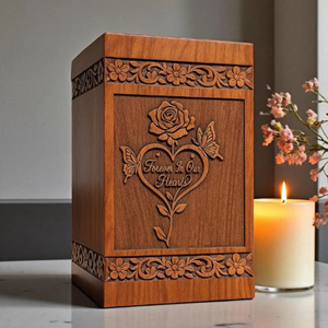 Urna Funeraria de Madera Grabada • Urna Conmemorativa con Rosas y Mariposas, Recuerdo Conmemorativo Funerario de AYAANS - Product Image 6