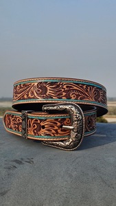 Handcrafted Vintage Floral Tooled <b>Cow</b> Hide Western Cowboy Belt with Turquoise Edge Detailing and Waterproof Rodeo Buckle Style - Product Image 3