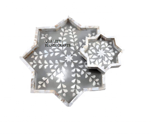 Plateau marocain en nacre et bois incrusté, fait à la main, forme d'étoile grise, service, décoration de la maison, artisanat certifié EPCH - Product Image 2