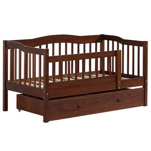 FCH Brown Painted <b>Pine</b> Toddler <b>Bed</b> with Bottom Drawer and Side Car <b>Bed</b> Vertical Fence Design Kids' Furniture - Product Image 3