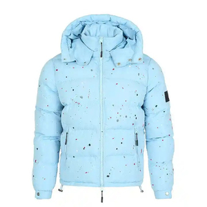 <b>Light</b> Blue Hooded Puffer <b>Jacket</b> With Dot Print Windproof Winter Coat Regular Fit Unisex Casual Outerwear - Product Image 1