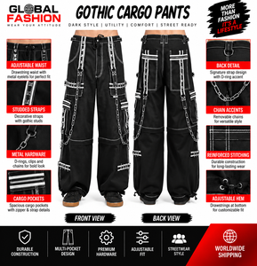 Pantalon gothique unisexe ample avec poches utilitaires et chaînes décoratives, taille ajustable - Product Image 5