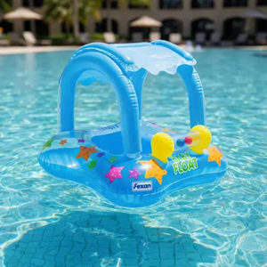 Siège de bain gonflable pour bébés et enfants avec auvent – Bouée de piscine à motif de dessin animé avec protection solaire et conception anti-retournement pour les tout-petits - Product Image 3