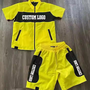 ชุดเซ็ตเสื้อผ้าลำลองฤดูร้อนผู้ชาย/ผู้หญิง ผ้าโพลีเอสเตอร์ 100% สีตัดต่อ รับสกรีนโลโก้ ชุดออกกำลังกาย เสื้อแจ็คเก็ตซิปแบบสองชิ้น กางเกงขาสั้นกันลม - Product Image 1
