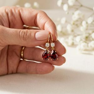 Boucles d'oreilles pendantes en argent sterling 925 ou plaqué or 18 carats avec grenat rouge naturel et zircon cubique, facettées, cadeau - Product Image 5