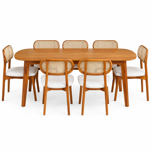 Ensemble de table à manger ovale en teck massif Niwara avec chaises rembourrées à dossier en rotin tressé, 6 pièces, style moderne du milieu du siècle, de qualité supérieure, pour cuisine et hôtel - Product Image 2
