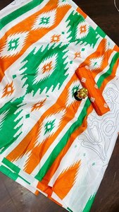 Sari indio estampado de algodón con blusa de manga corta con estampado naranja, verde y blanco para fiesta - Product Image 5