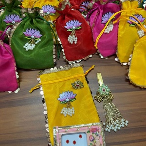 Exquisite Lotus-Themed <b>Drawstring</b> Potli Bags Handcrafted From Premium Satin and Silk Style Fabrics versatile <b>pouches</b> - Product Image 1