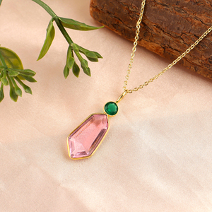 Exotic fancy pink quartz <b>with</b> emerald cubic zirconia bezel setting pendant 18k gold plated brass necklace for jewelry women gift - Product Image 6