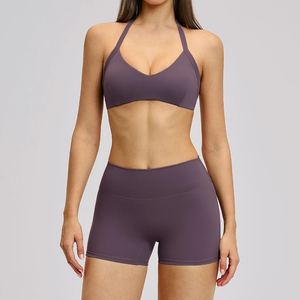 Seamless Solid Eco-Friendly Quick Dry Yoga Set Gym Suits Shorts Crop Top Sport <b>Bra</b> Women's Front <b>Backless</b> 2-Piece Set Running - Product Image 4