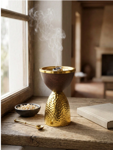 Best selling Luxury Wooden & Hammered Gold Metal <b>Bakhoor</b> Incense Burner Arabic <b>Oud</b> Burner Resin Incense Holder Home Decor Gift - Product Image 4