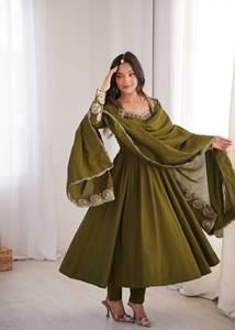 Olive <b>Green</b> <b>Silk</b> Anarkali Suit Set Dupatta Silver Embroidered Indian/Pakistani Ethnic Wedding Wear for Women Floor-Length - Product Image 4