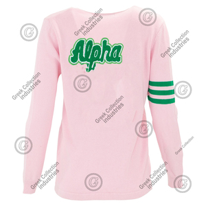 Cardigans roses personnalisés Alpha Sorority AKA en tricot acrylique pour femme, col en V, avec lettres chenille rayées style universitaire grec - Product Image 2