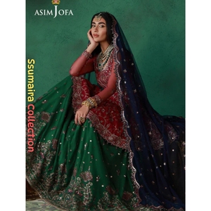 Ensemble Lehenga Asim Jofa SSUMAIRA, chemise style peplum aux couleurs vives et tonées comme des bijoux, en tulle brodé, tenue de soirée formelle 3 pièces, pour mariage, couleur royale - Product Image 3