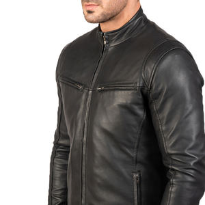Veste en cuir véritable noire pour homme, coupe slim, col montant, style motard, fermeture éclair, décontractée, imperméable, manteau de moto, fabricant OEM - Product Image 6