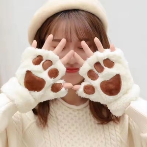 Cute Half Finger Winter Gloves for Women Open Finger Fluffy <b>Plush</b> Bear <b>Cat</b> Paw Claw Warm Thick Soft Knit Gloves for Cold Weather - Product Image 2