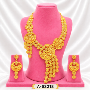 Dubai Style Gold Jewelry Set – Long Layered Necklace, Earrings & <b>Ring</b> for Bridal Wear A-63220 - Product Image 5