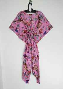 Robe kaftan en coton indien faite à la main avec imprimé d'oiseaux, vêtements de plage confortables, style bohème - Product Image 4