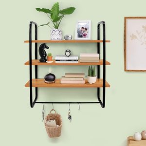 Modern Wooden Wall Shelf with Metal <b>Frame</b> 3-Tier <b>Floating</b> Bookshelf for Home Living Room Bedroom Display with Key Hooks - Product Image 3