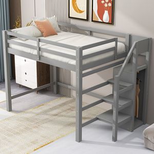 Letto a soppalco grigio a grandezza naturale con armadio integrato e scala (Vecchio SKU SM000527AAE) - Product Image 1