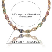 Collier Hip Hop 12 mm en zircon coloré, chaîne en forme de grain de café, laiton rhodié plaqué or, zircon, bouton hipster, pour homme et femme, cadeau