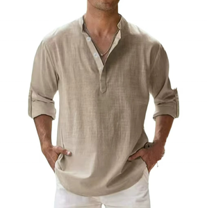 Camiseta de lino casual de manga larga para hombre, cuello alto, color liso, estilo suéter holgado para primavera, camisa de algodón para comercio transfronterizo - Product Image 1