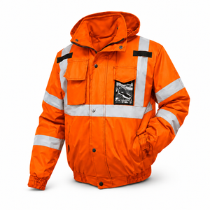 <b>Heavy</b> <b>Duty</b> Hi Visibility Polyester Workwear Safety Jacket Reflective <b>Tape</b> Hood Dual Chest Pockets Side Hand Pockets Elastic Cuff - Product Image 2