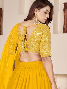 Yellow Lehenga Choli Set Soft Georgette Chiffon Woven <b>Silver</b> Sequin Lace Border Flowy Skirt and Blouse for Wedding - Product Image 5
