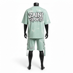 Ensemble t-shirt et short pour homme en jersey de coton premium, tissu doux lavé, couleur menthe, impression en relief, logo personnalisé. - Product Image 2