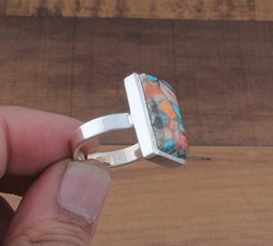 Anillo de Plata de Ley con Bisel de Turquesa y Concha de Ostra, Anillo Clásico Rectangular con Incrustaciones de Concha Espinosa, Venta al por Mayor - Product Image 5