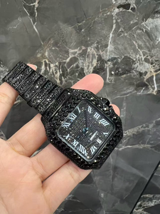 Montre automatique 41 mm entièrement sertie de diamants VVS noirs romains et de moissanite, en acier inoxydable et verre luxueux - Product Image 5