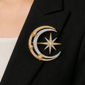 Broche de luxe en forme de croissant de lune et d'étoile, plaquée or et argent bicolore, avec cristaux, pour cadeau, vente en gros, broches de créateur - Product Image 5