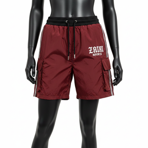 Shorts coupe-vent premium pour femmes, tissu tissé lisse, empiècements latéraux contrastés, poches cargo, logo personnalisé. - Product Image 1